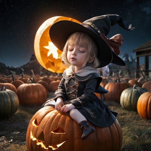 Tiefling Child Asleep on Giant Pumpkin in Anime Style