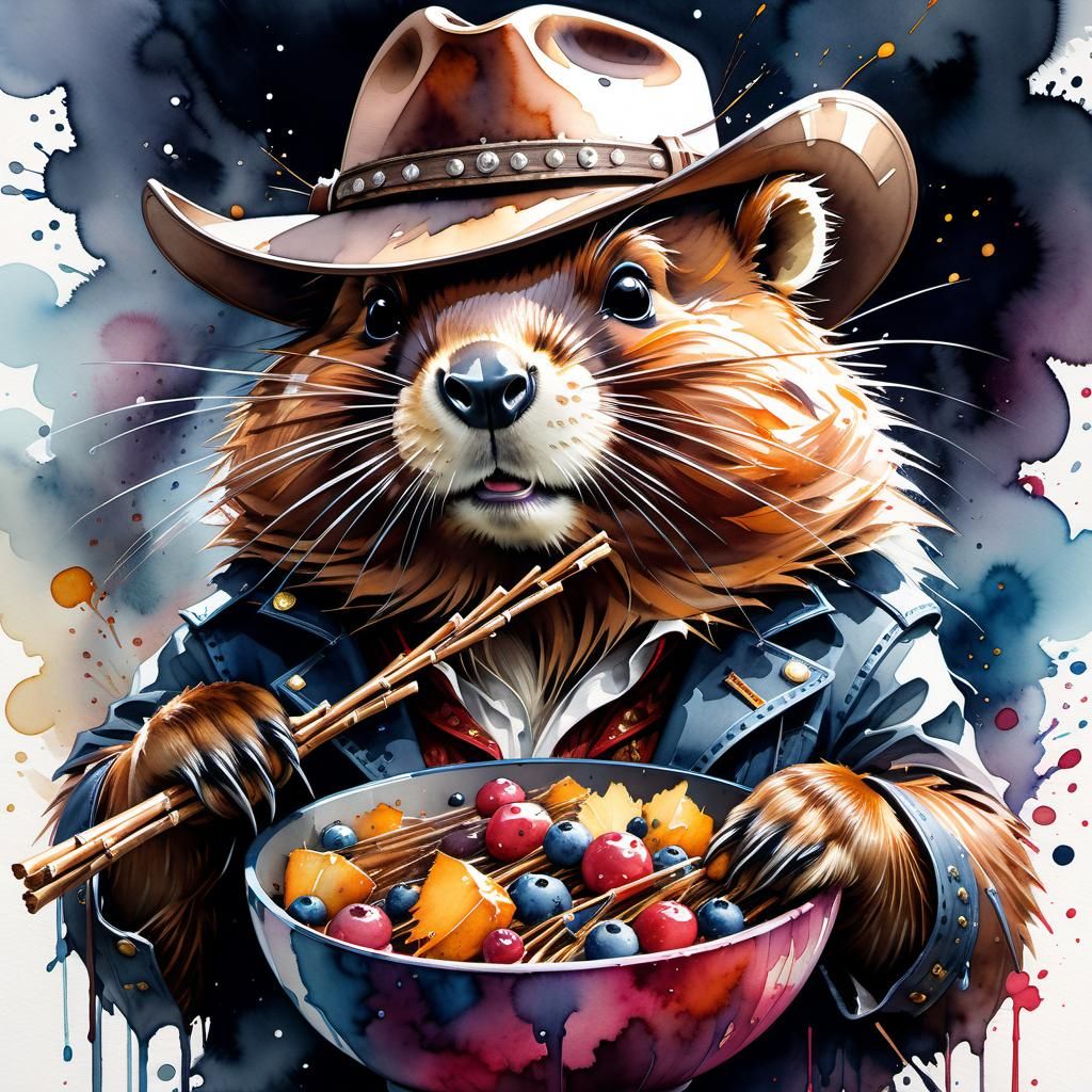 Kawaii Cowboy Beaver Feast in Watercolor Style
