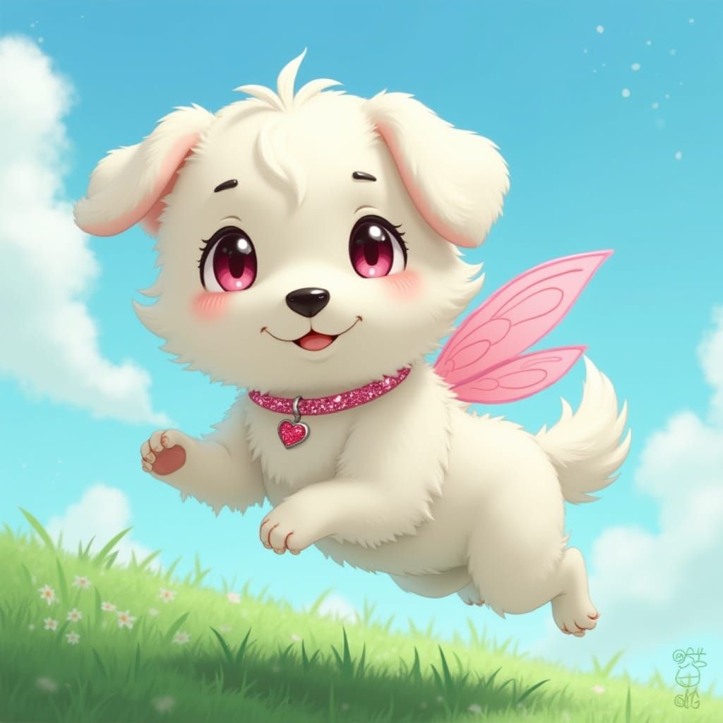Magical Fluffy Dog with Wings in Whimsical Style