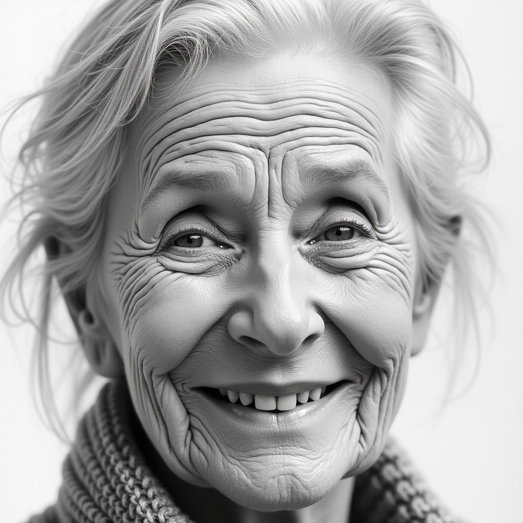 Detailed Pencil Sketch of a Joyful Elderly Woman