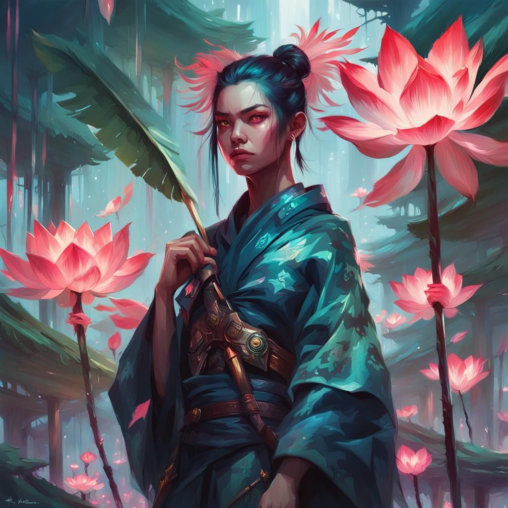 Cyberpunk Druid with Lotus Trees Digital Painting