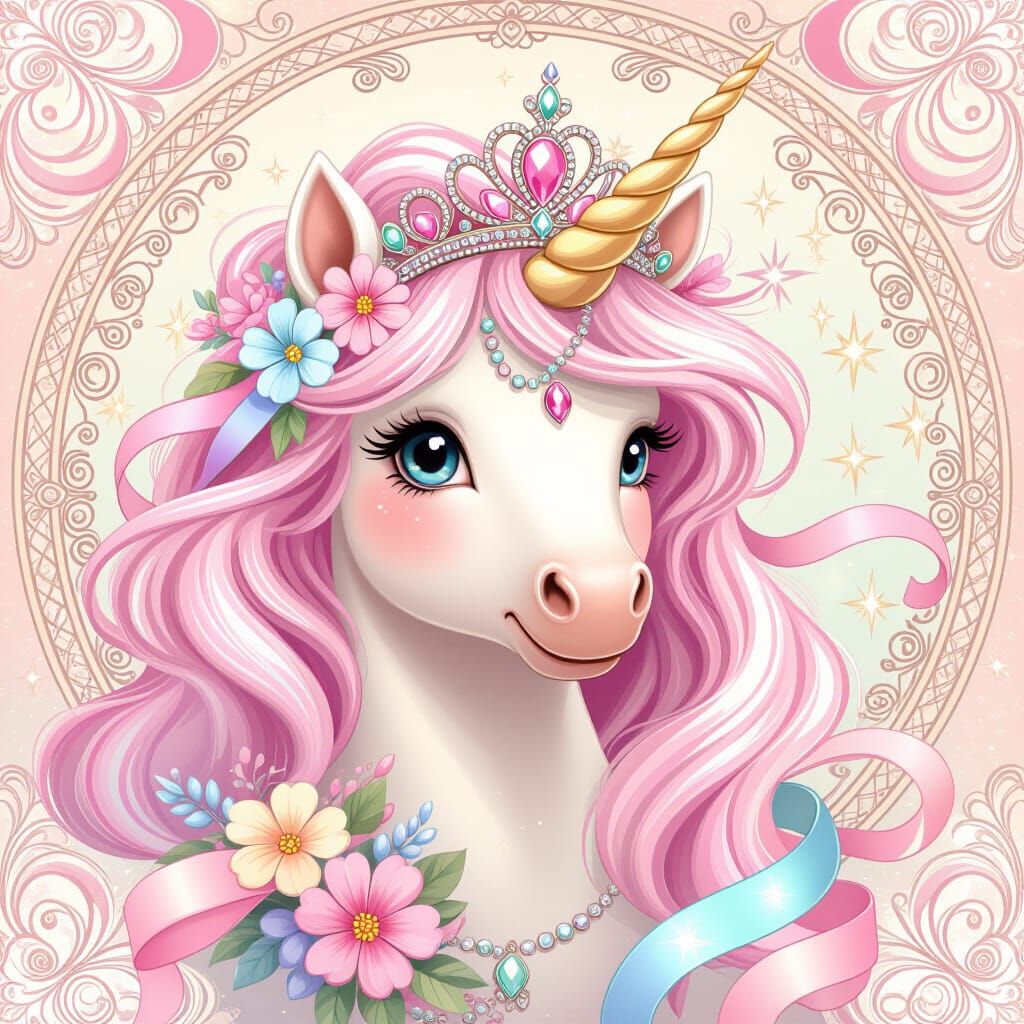 Pink Unicorn with Tiara in Art Nouveau Style