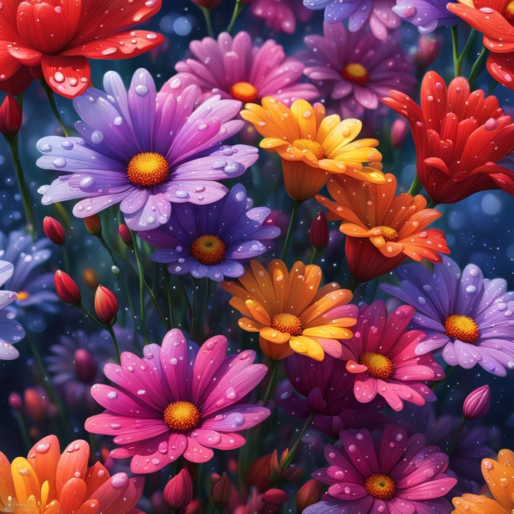 Hyperrealistic Flowers with Dew Drops: Splash Art