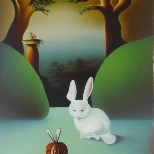 Surreal White Rabbit in Melting Oil on Canvas
