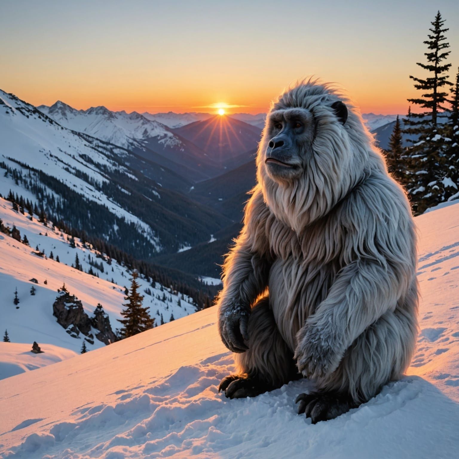 Yeti Watches Sunset in Snowy Landscape