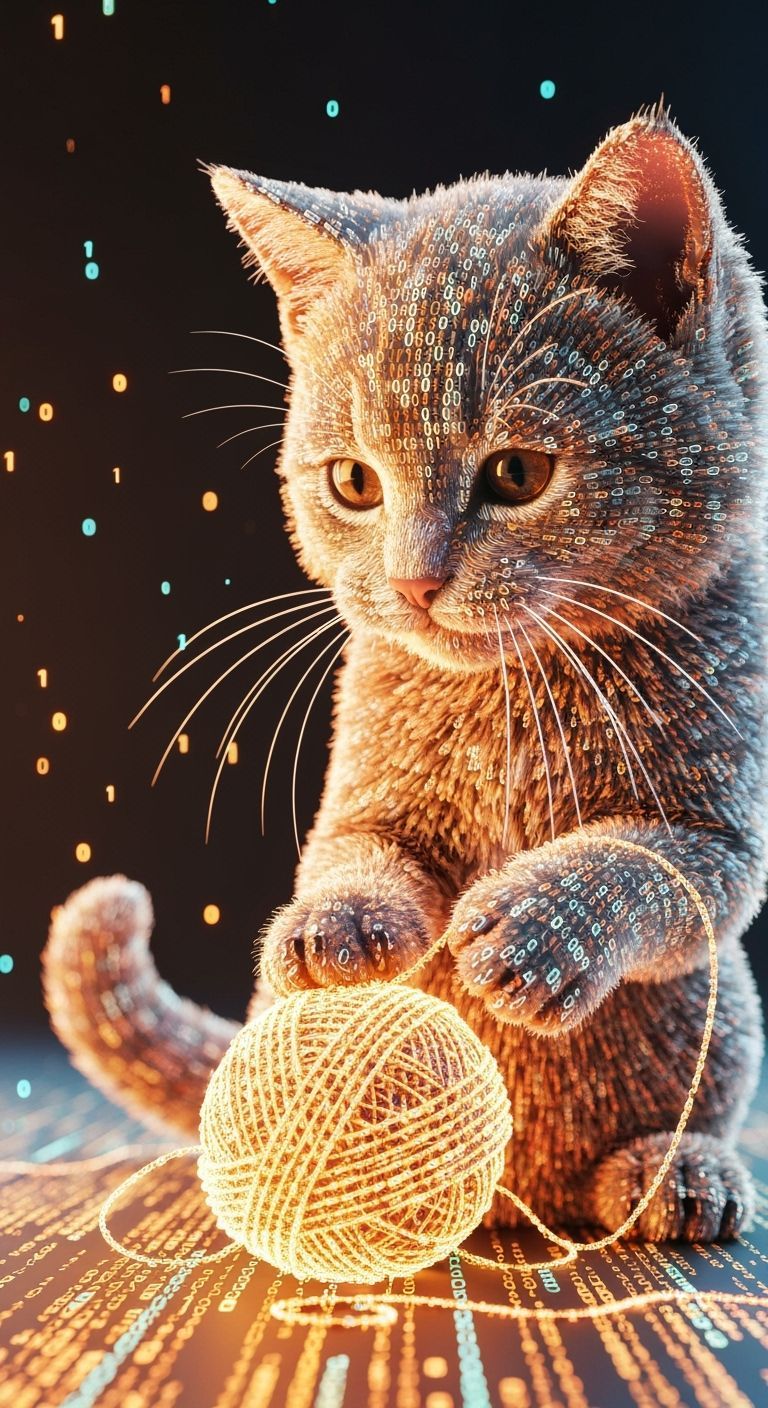 Adorable Kitten Made of Binary Code Plays with Yarn