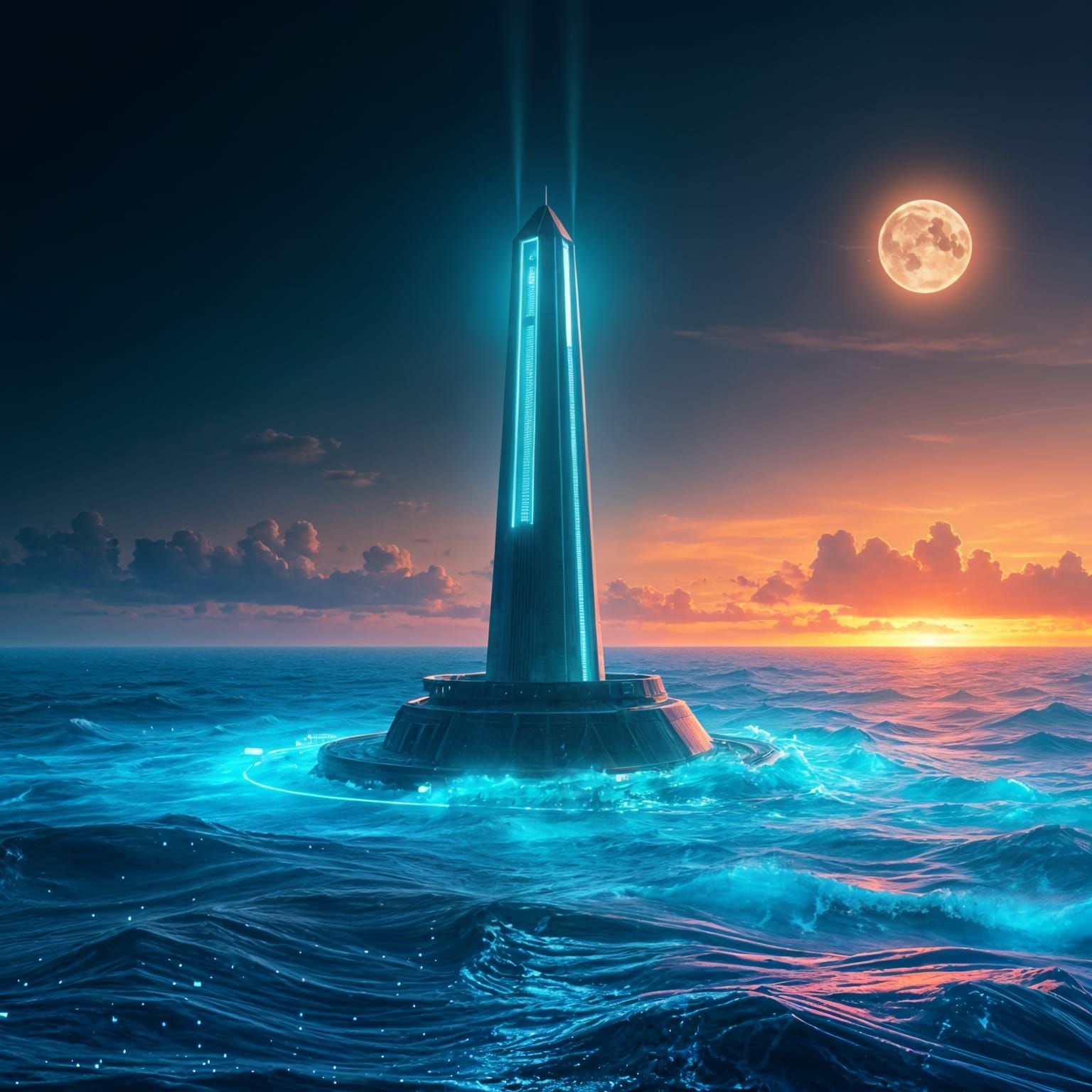 Island Lighthouse Beams Glitter in Cyberpunk Style