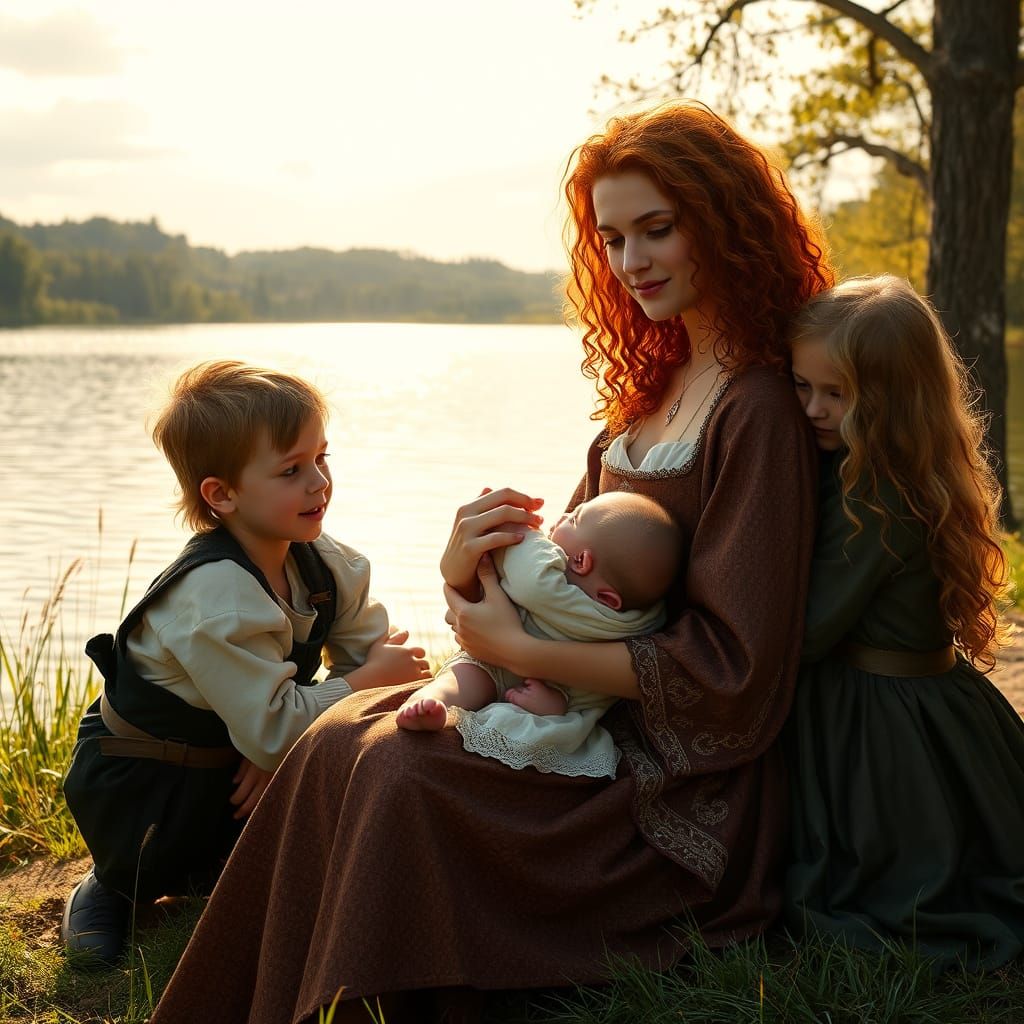 Medieval Family Portrait by Lake in Summer