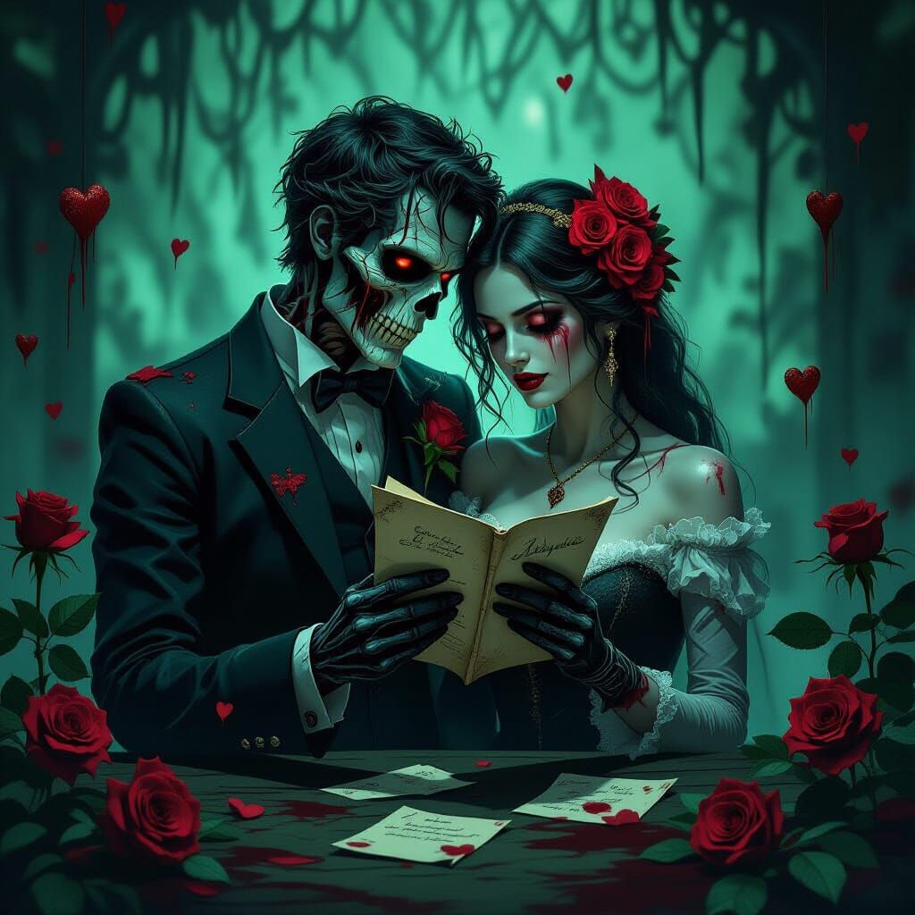 Sinister Zombie Couple in Dark Fantasy Valentine's Scene