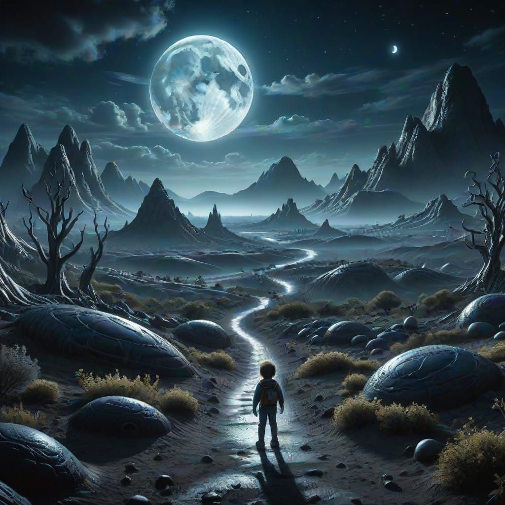 Surreal Moonlit Alien World Explored by a Curious Child