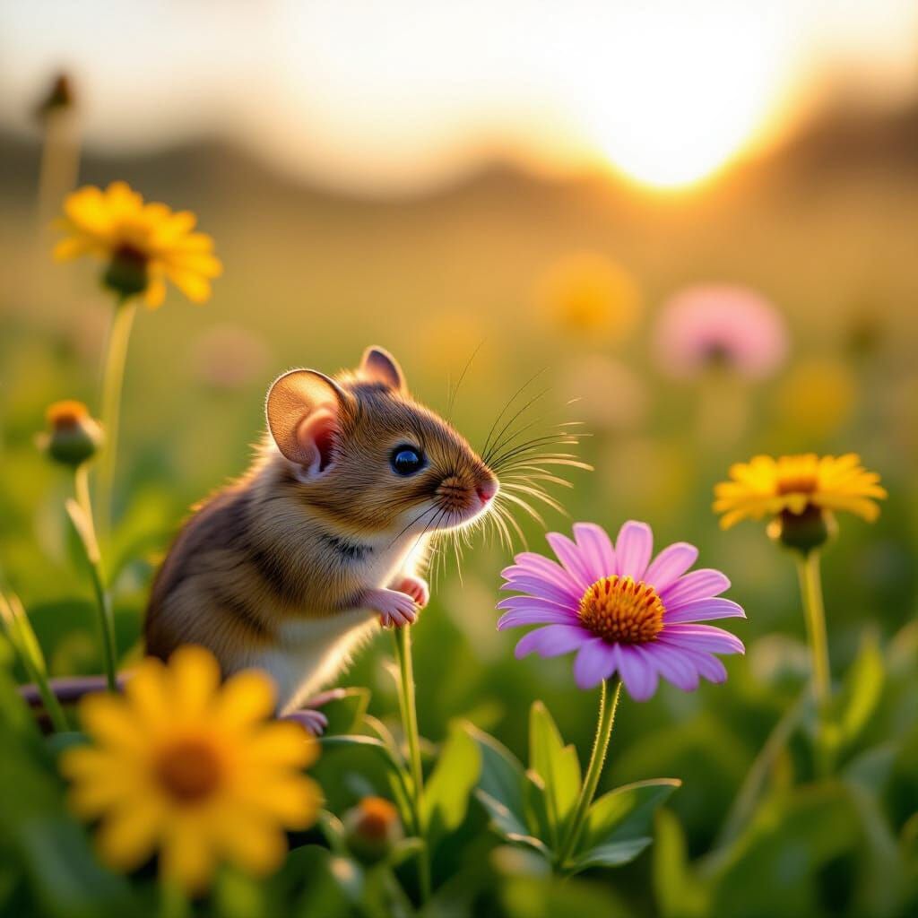 Tiny Field Mouse Among Vibrant Wildflowers