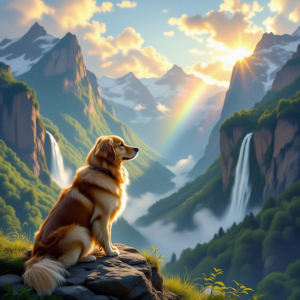 Majestic Golden Retriever Overlooking Lush Mountains