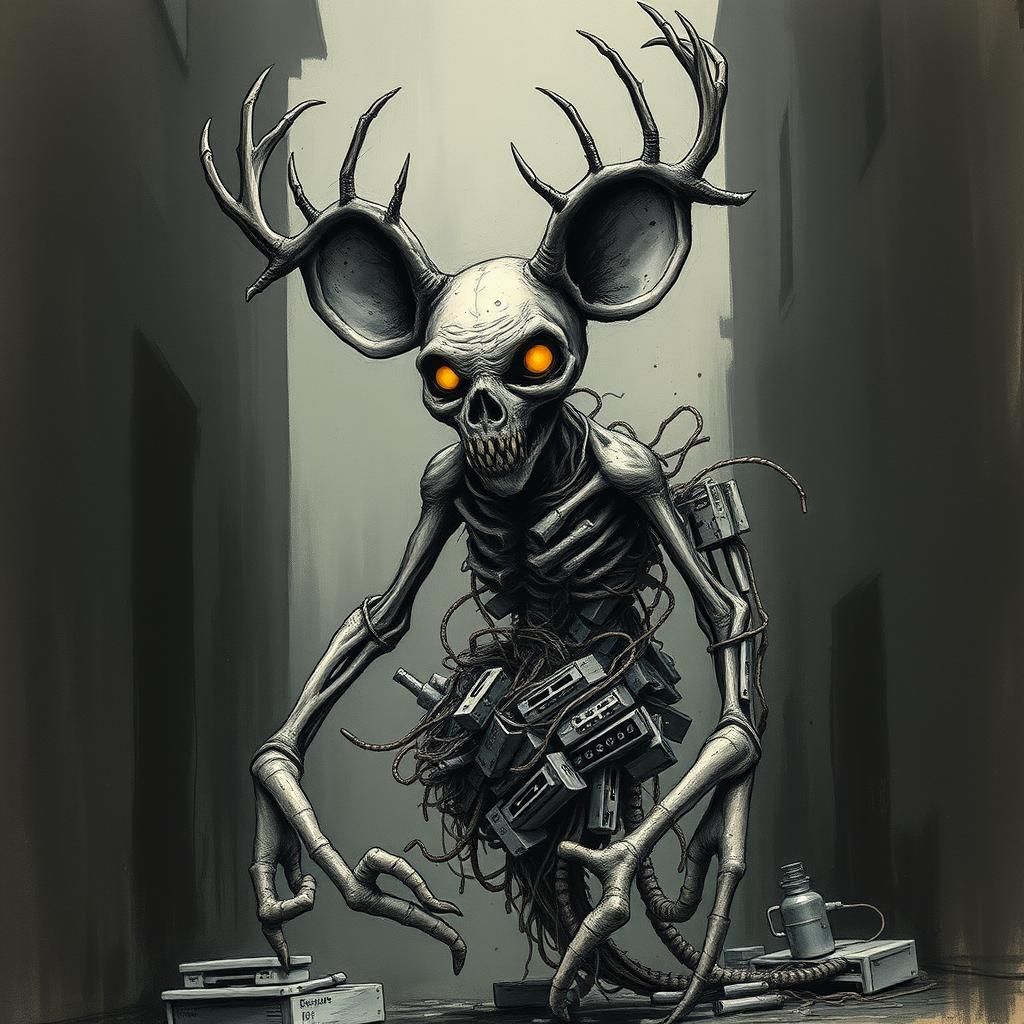Grotesque Wendigo-Mickey Keyboard Creature in Ink Painting
