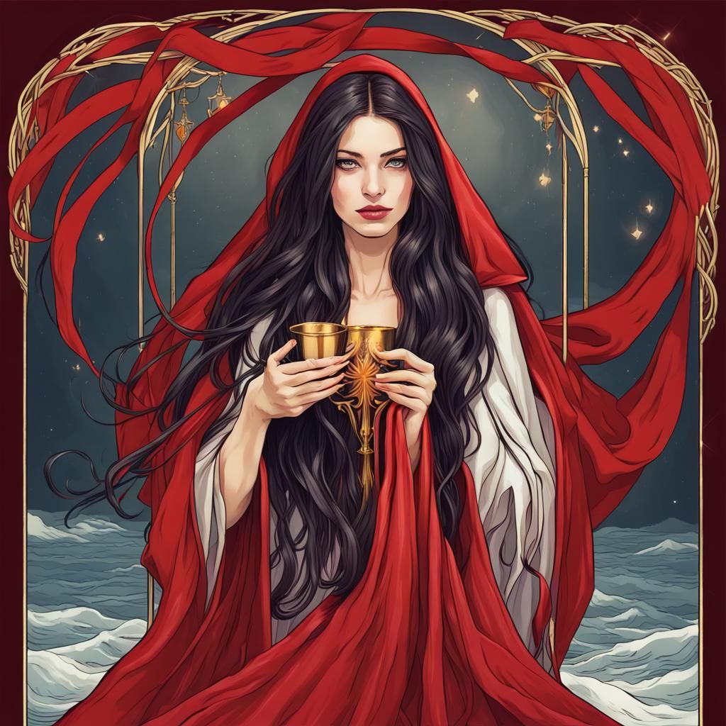 Queen of Cups Tarot Card with Flowing Red Ribbons