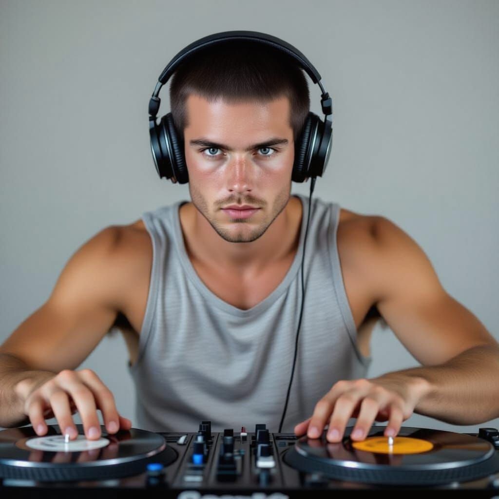 Young DJ Mixing Records with Headphones On