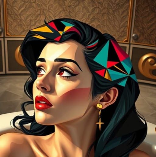 Surreal Cubist Goddess Caught Off Guard in Art Deco Bath