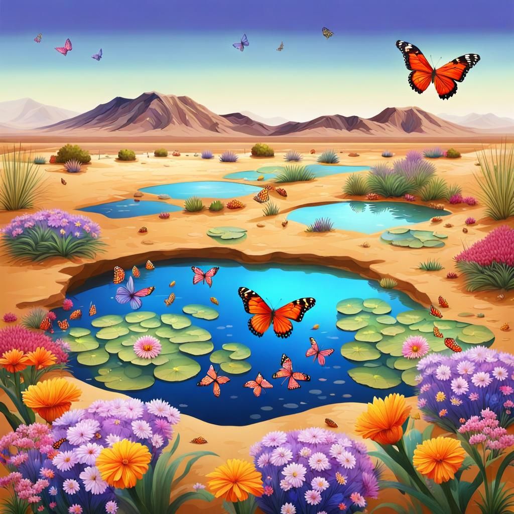 A pond in middle of the desert, great contrast of colors, be...
