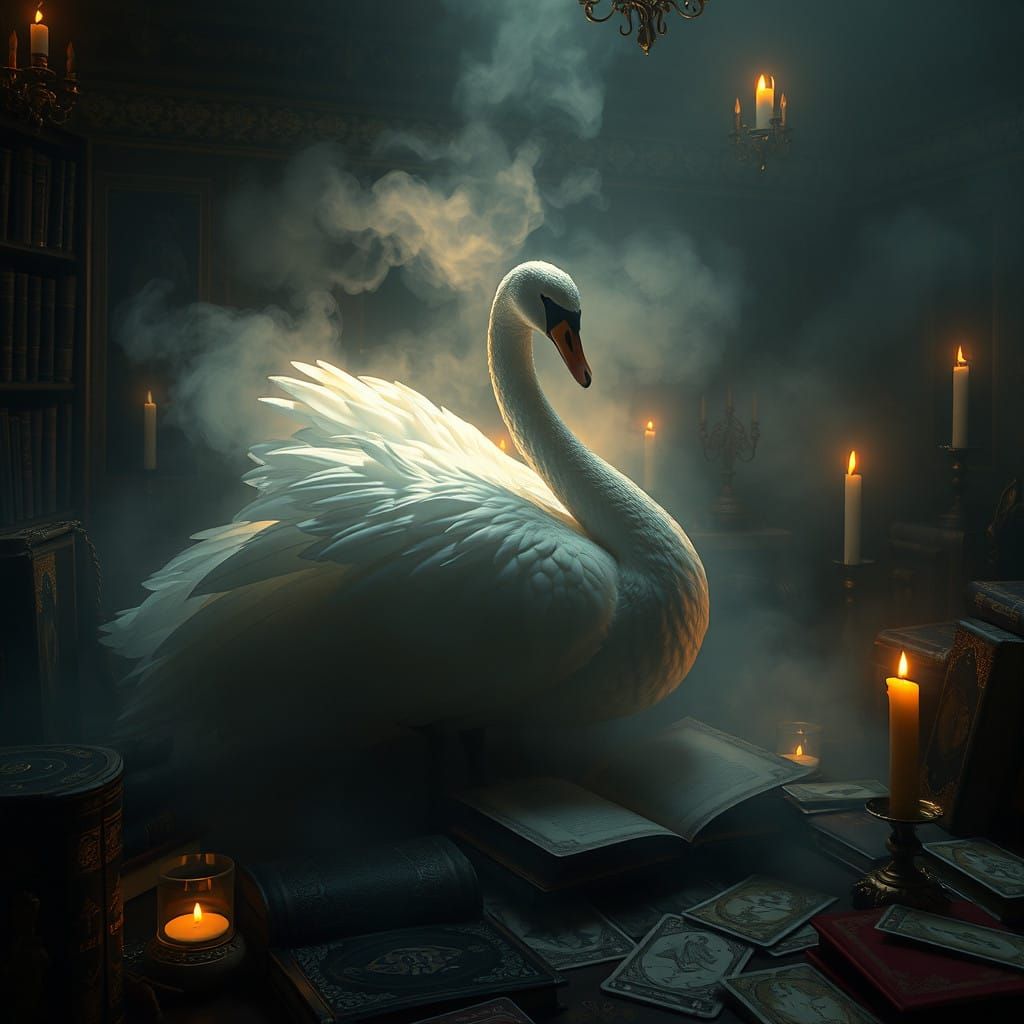 Ethereal Swan in Mystical Chamber of Ancient Wisdom