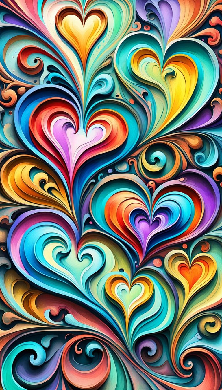 Psychedelic Swirly Hearts in Watercolor Paint Style