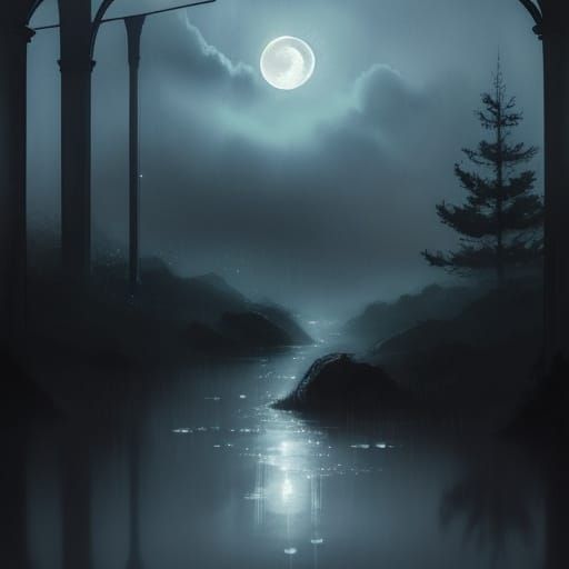 Man Gazing at Moon in Rainy Watercolor Style