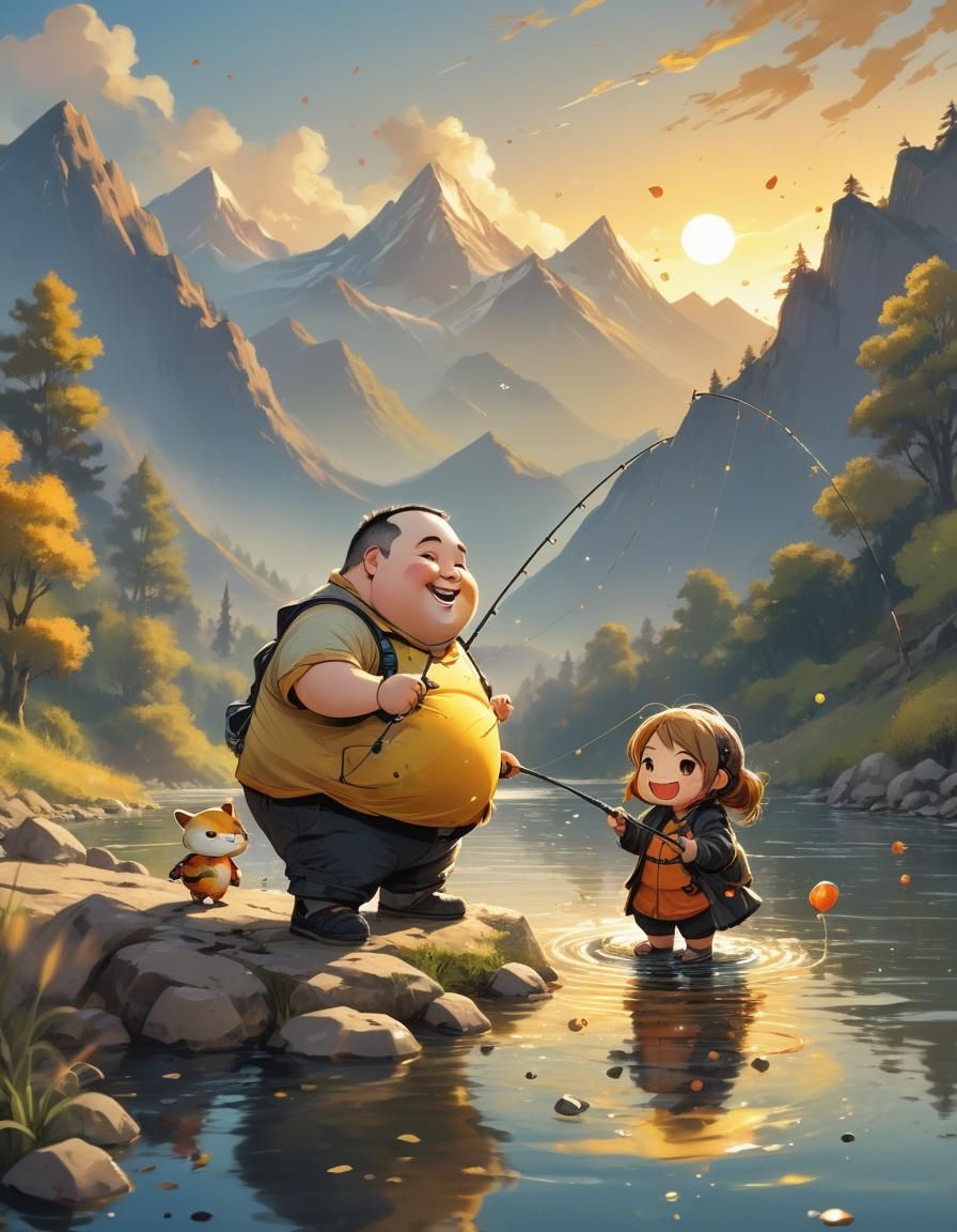 Chibi Girl and Fisherman at Golden Hour