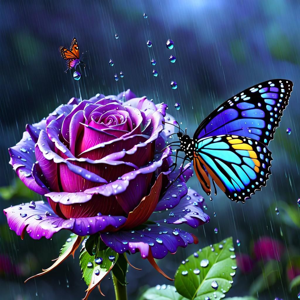 Chrome Metal Purple Rose With dew drops dripping off of it