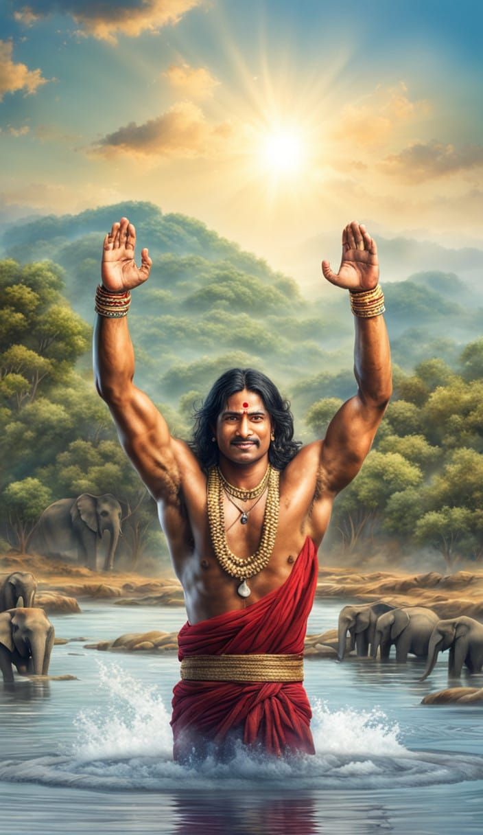 Indian Prince in Yoga Pose Against a Serene River Landscape....