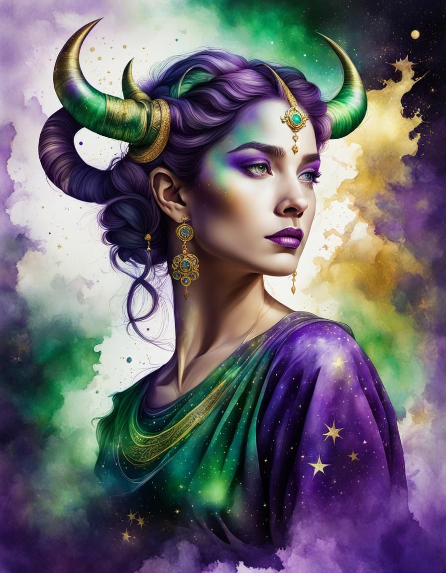 Woman as Taurus in Watercolor with Rembrandt Lighting