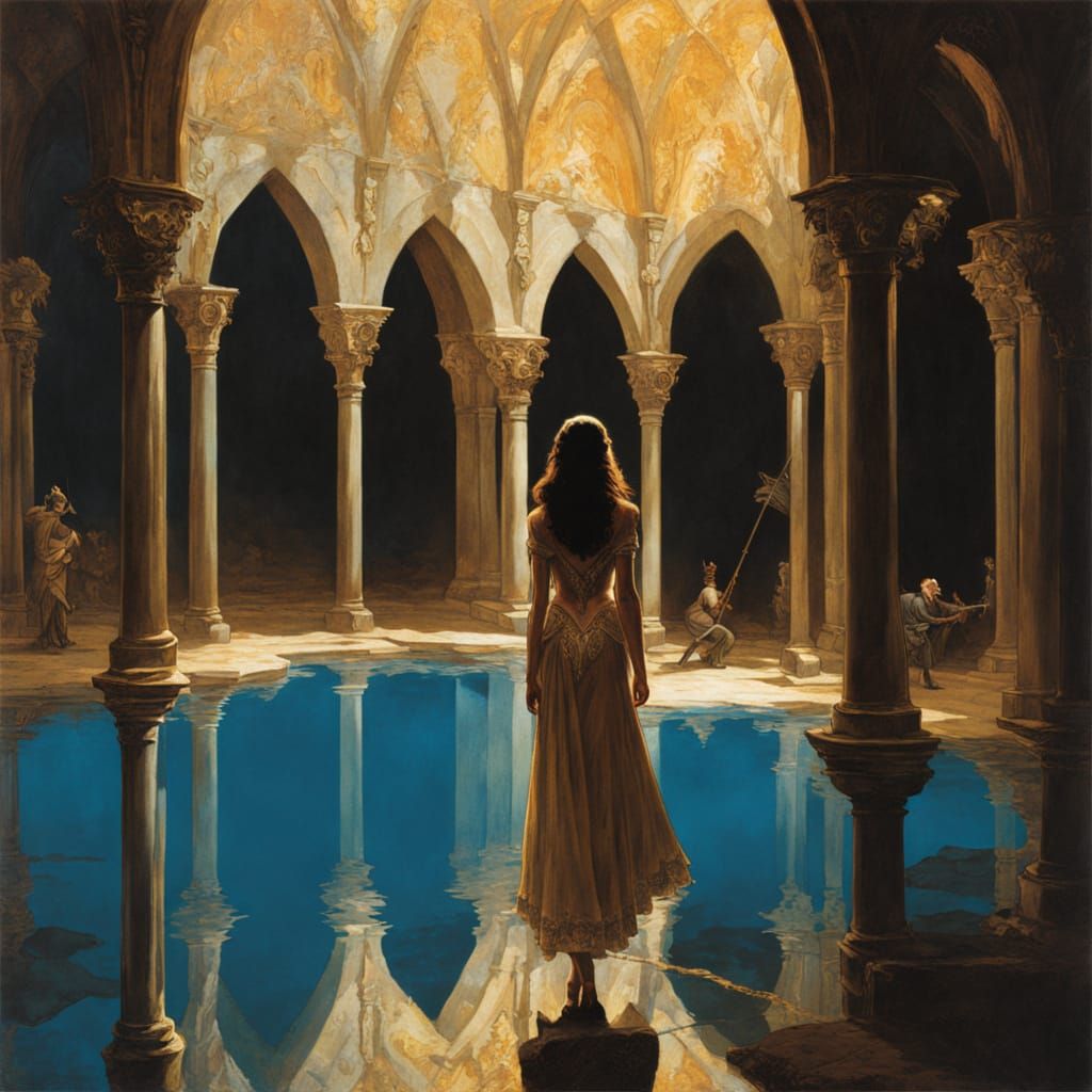 Ethereal Goddess in Golden Bikini Beneath Gothic Revival Arc...