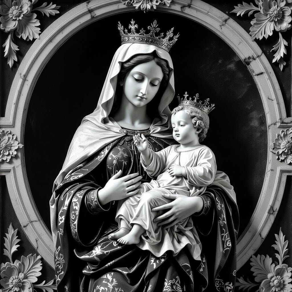 Mary and Jesus: Bas-Relief Sculpture in Black and White