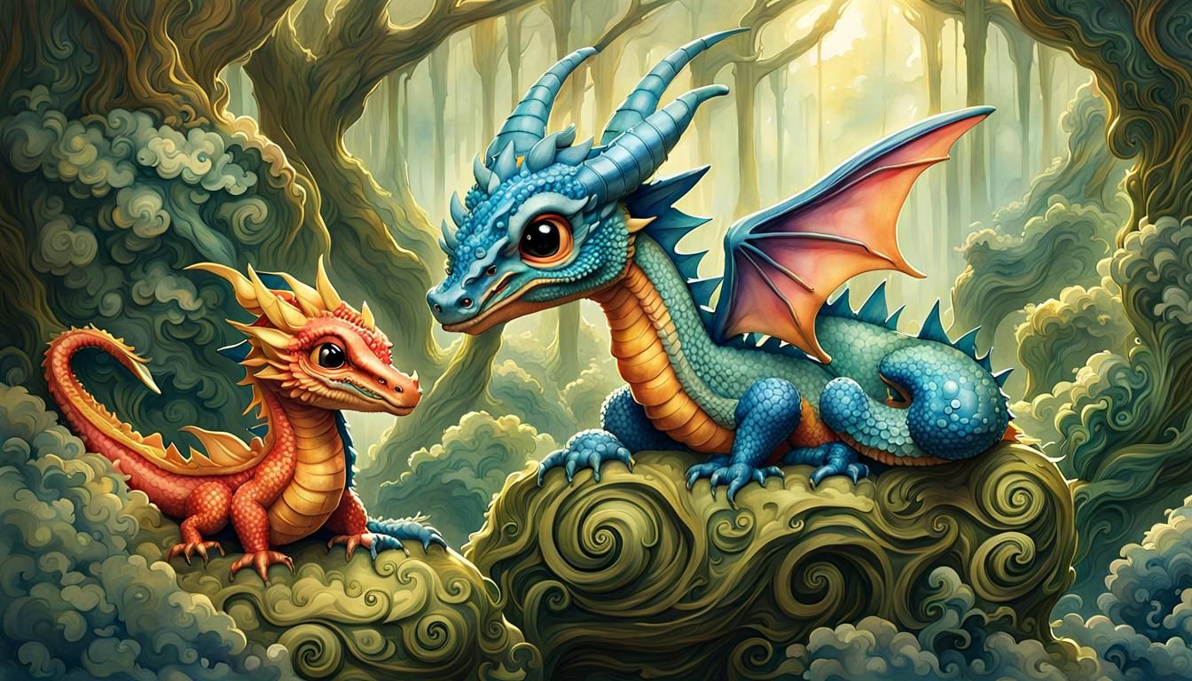 Chibi Dragons Sleeping in Nature, Watercolor Art