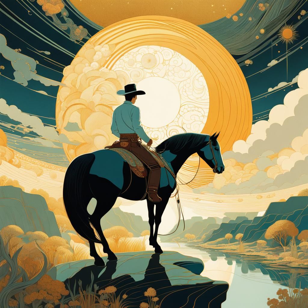 Cowboy Contemplation in Golden Light, Illustrated Style