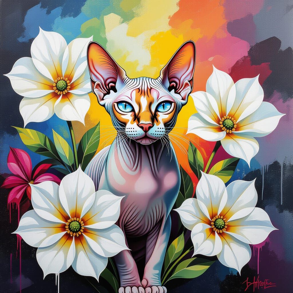 Sphynx Cat Among Flowers: Georgia O'Keeffe Graffiti Art