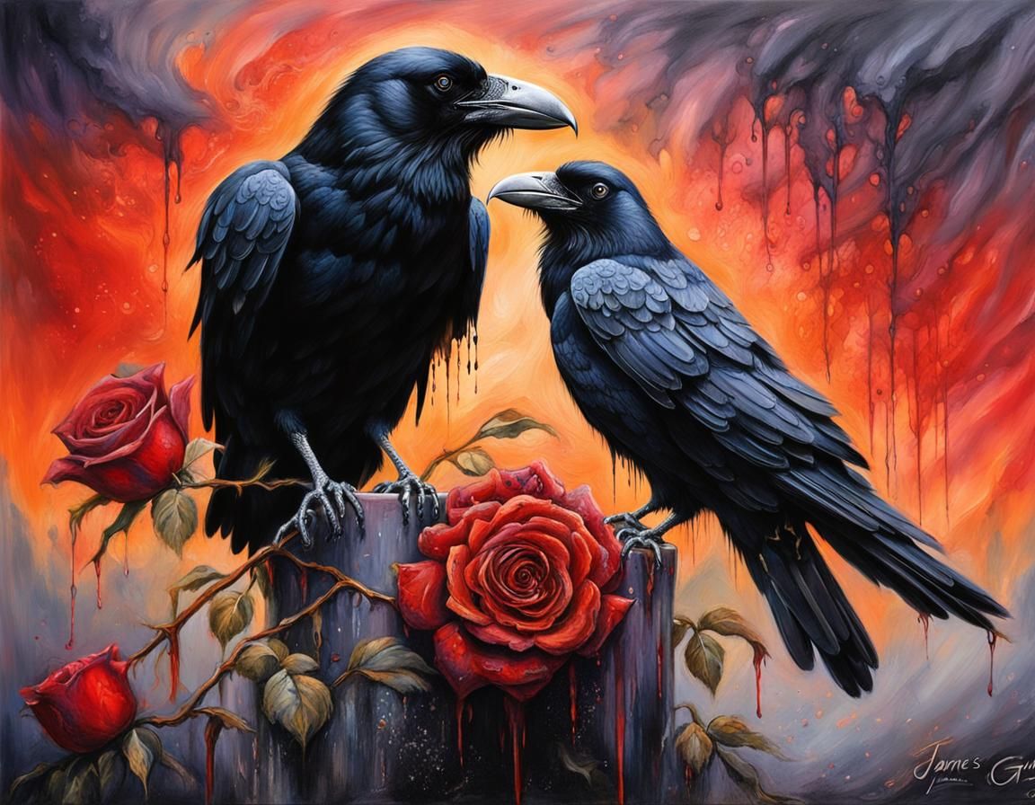 Gothic Raven Perched on Rose, in Oil Painting Style