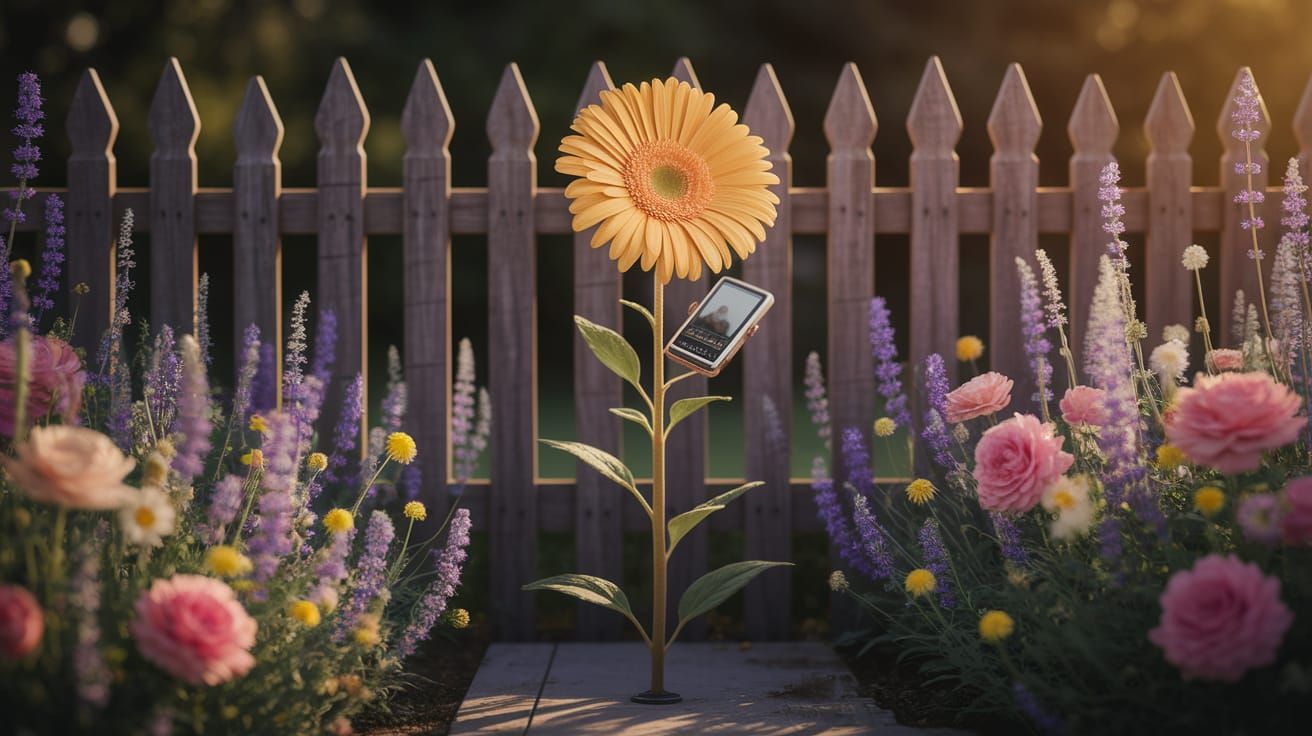 Giant Daisy Talks on Vintage Cellphone in Sunny Garden