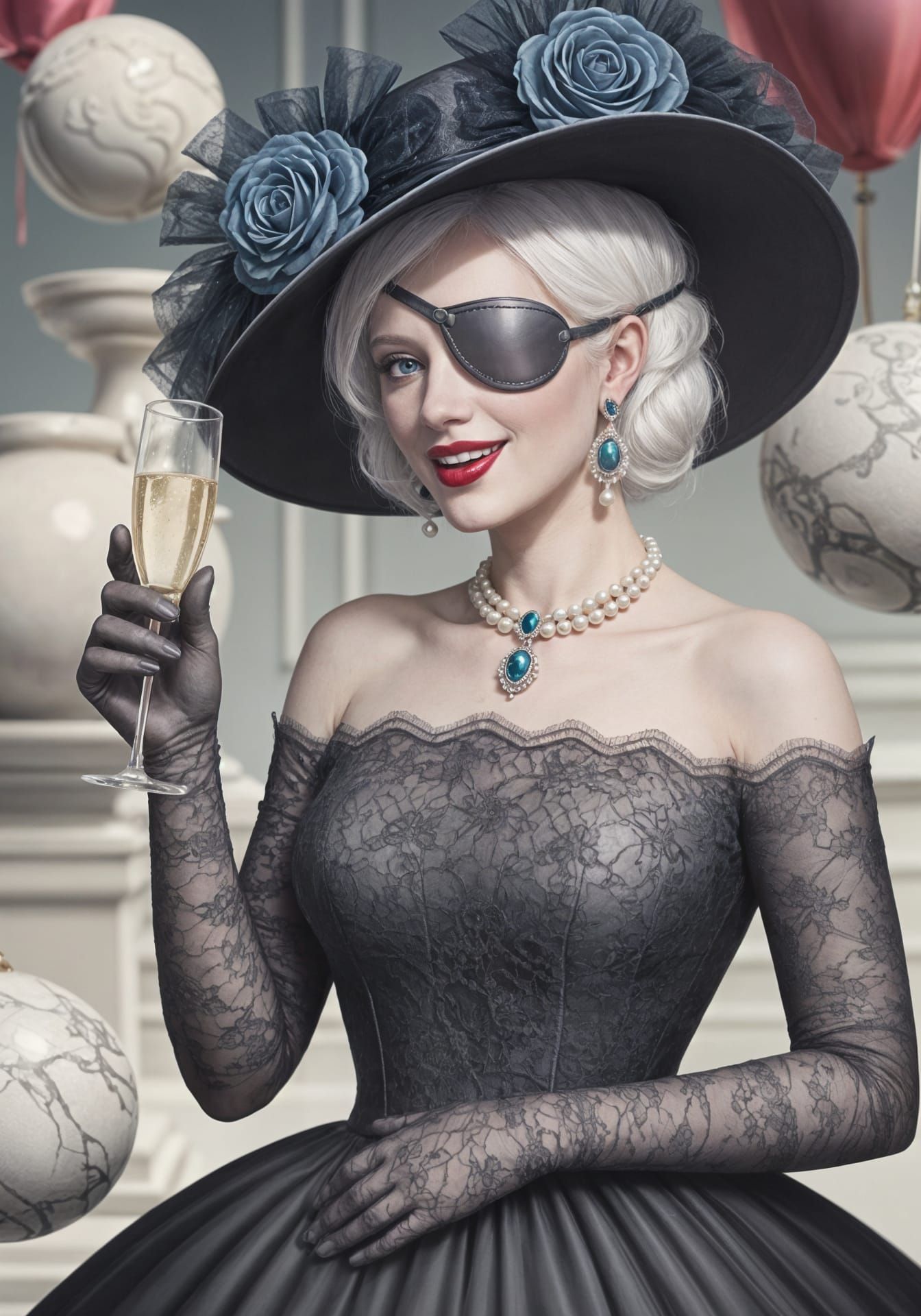 Albino Showgirl Cheers with Champagne at Estate Party