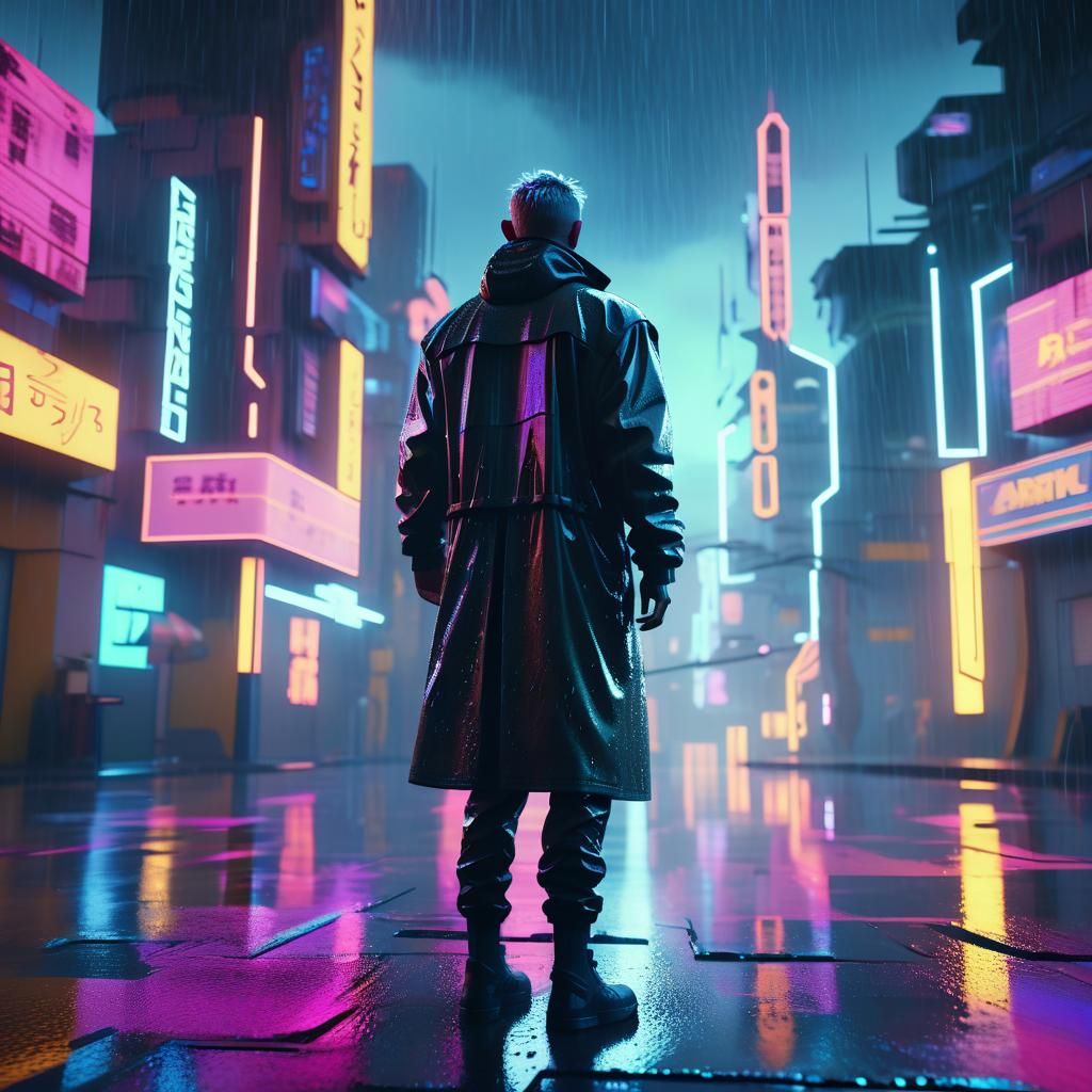 Replicant in Rainy Neon Cityscape: Film Still