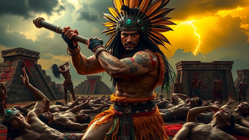 Furious Aztec Jaguar Priest Warrior with Obsidian Club