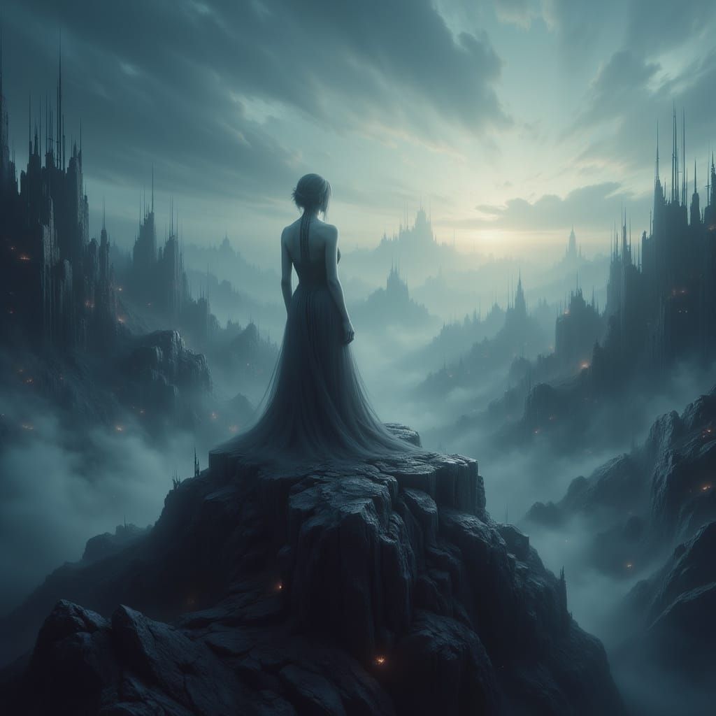 Elegant Woman on Misty Peak, Dreamy Illustration
