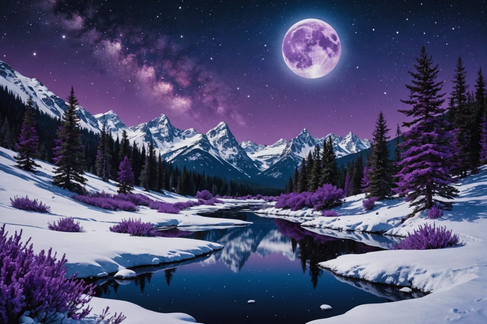 Purple Watercolor Moon Over Snowy Winter Creek