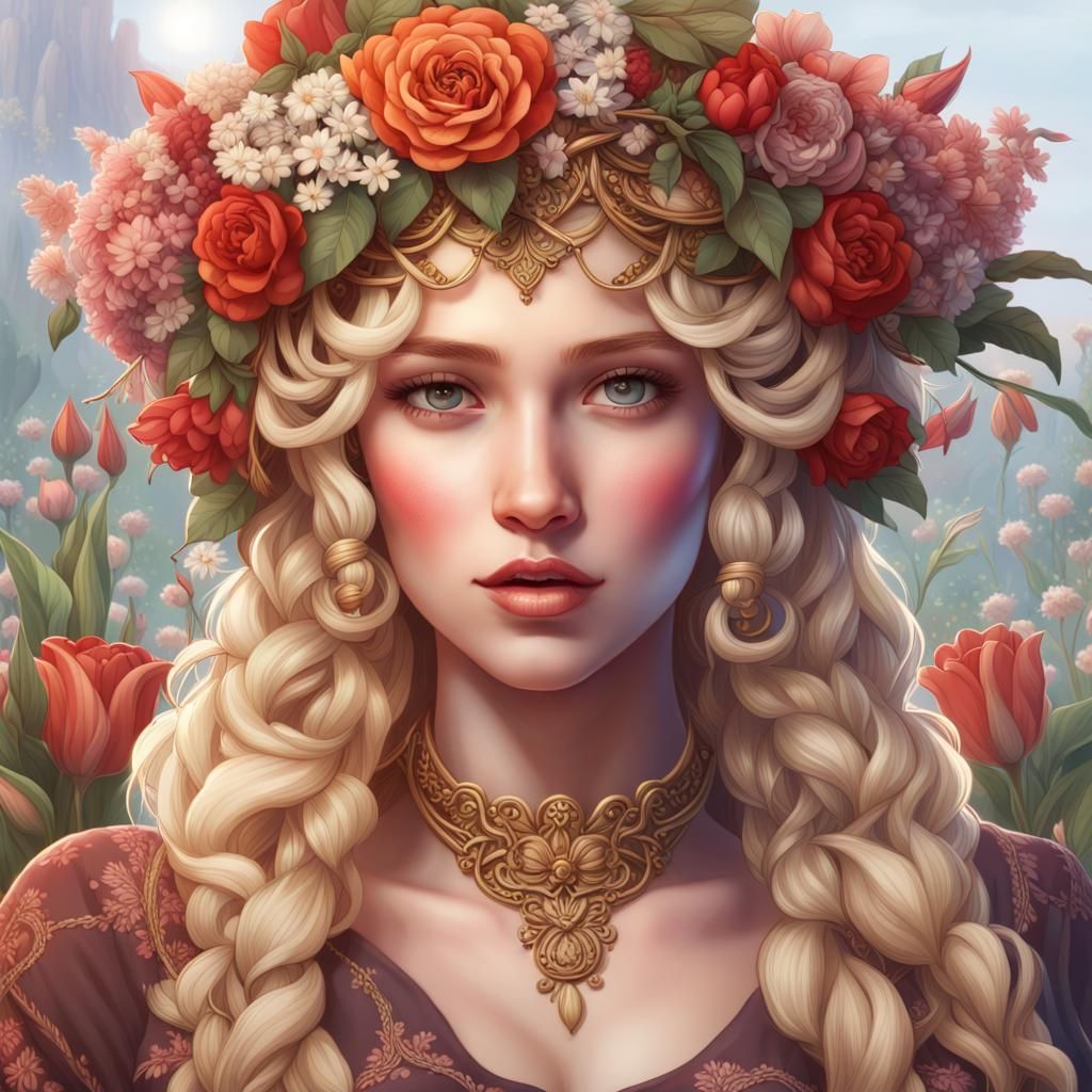 Girl with Flower Crown in Art Nouveau Style