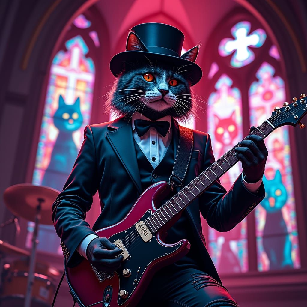 Vampire Cat Rockstar Unleashes Chaos on Neon Cathedral Stage