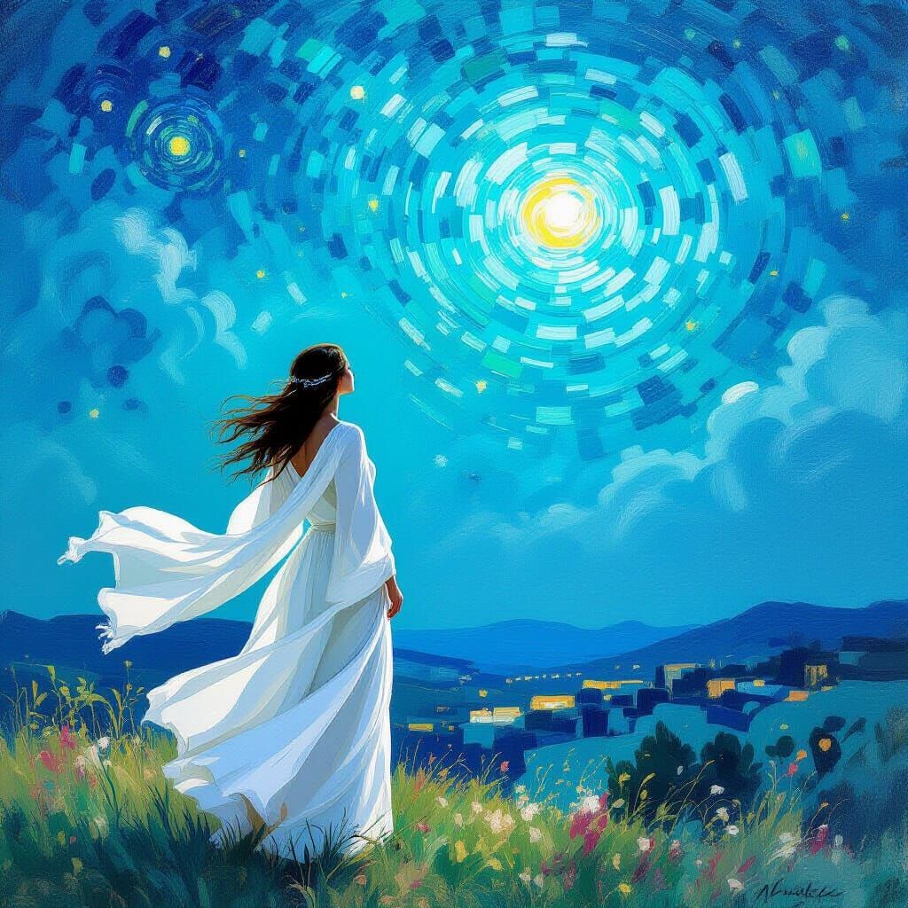 Ethereal Woman Under Turquoise Starry Sky in Impressionistic...