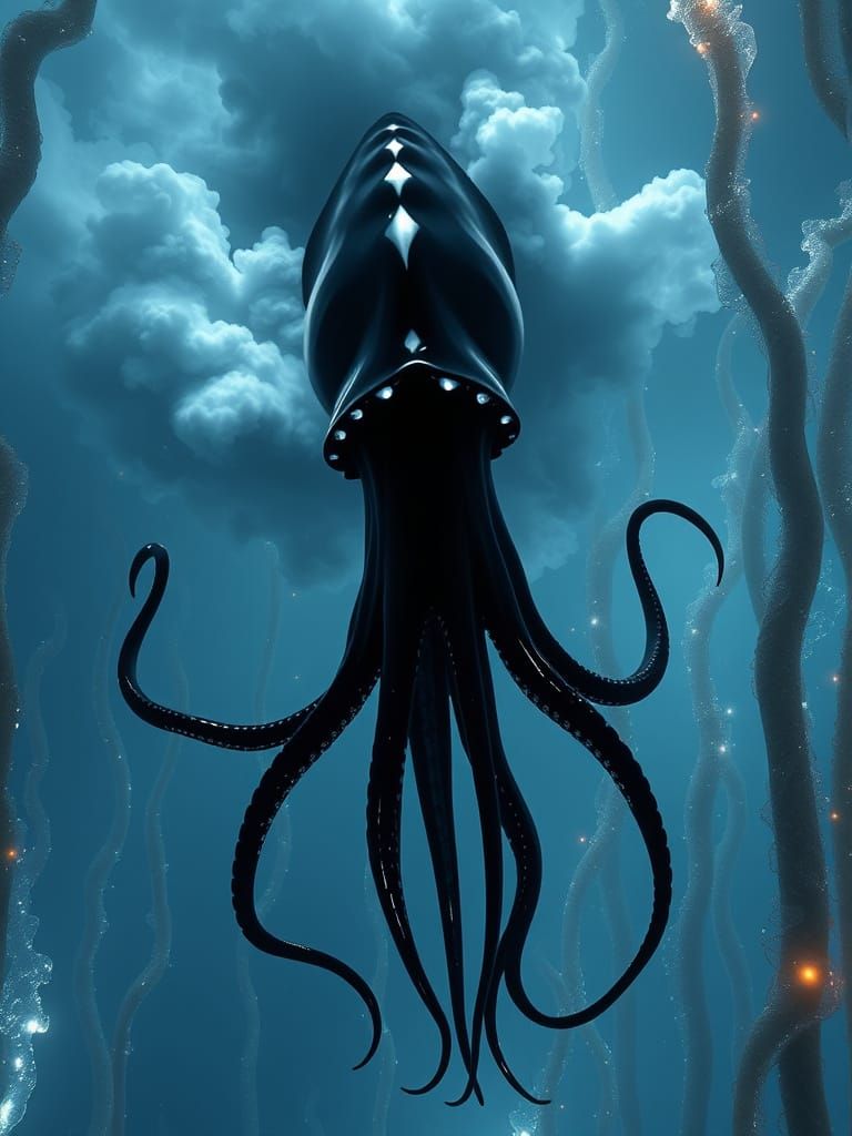 Giant Squid in Bioluminescent Sea: Korean Art Style