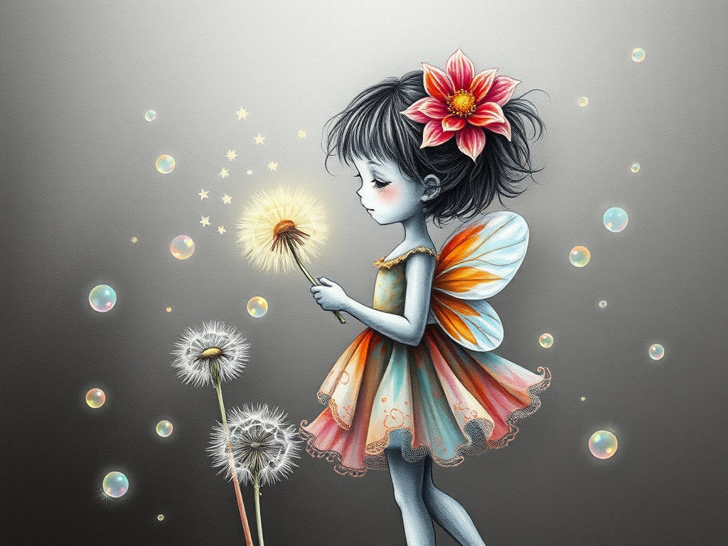 Dandelion Fairy Sketch Inspired by Mucha and Goldsworthy