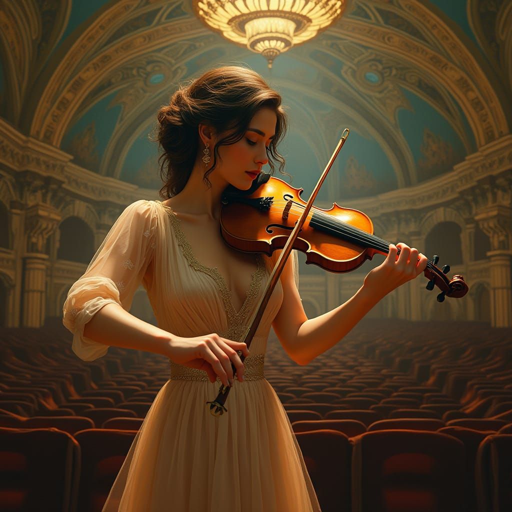 Woman Playing Violin in Art Nouveau Style