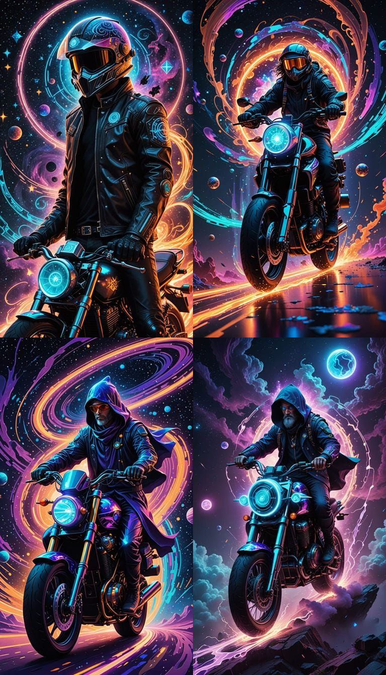Cyberpunk Wizard Soars on Cosmic Motorcycle