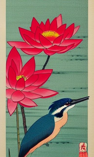 Kingfisher and Lotus Flower Watercolor Painting