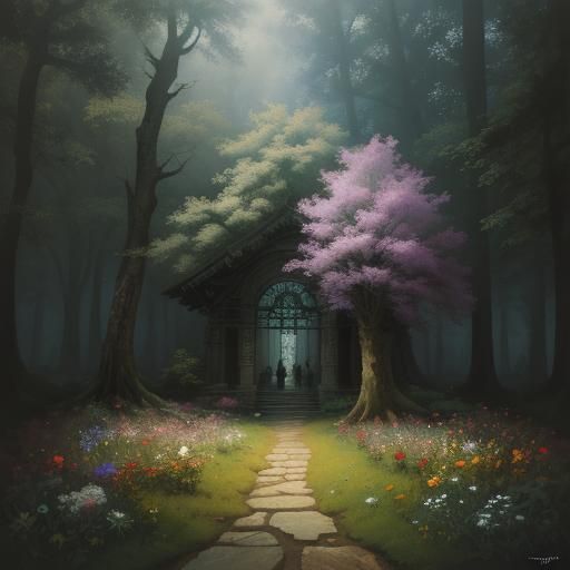 Misty Forest Castle in Baroque Painting Style