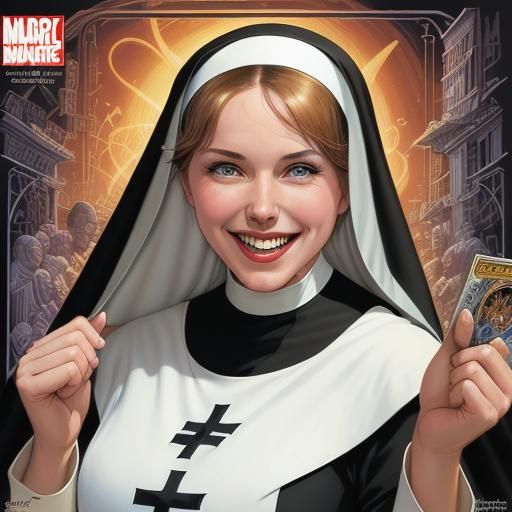 Cheerful Nun in Comic Book Style Art